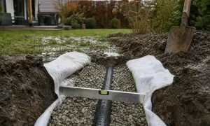 Drainage verlegen: Ein Drainagerohr liegt in Kiesbett, umgeben von Vlies. Eine Wasserwaage prüft den korrekten Einbau.