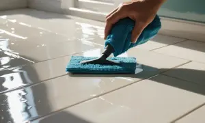 Hand wischt mit blauem Tuch über glänzenden, hellen Fliesenboden.