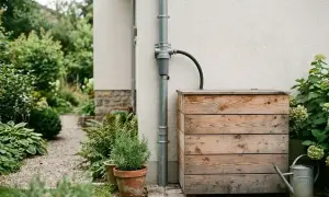 Holzfass sammelt Regenwasser für den Garten. Eine Gießkanne steht bereit.