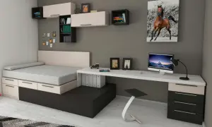 Modernes studentenzimmer einrichten: Bett mit Stauraum, Schreibtisch mit PC und ein Bild eines galoppierenden Pferdes.