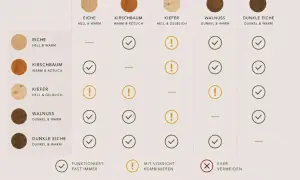 Tabelle zeigt, welche holzarten kombinieren gut funktionieren. Haken bedeuten gut, Ausrufezeichen vorsichtig, Striche neutral.