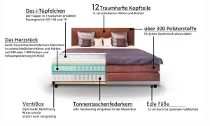 Ein Boxspringbett mit detaillierter Darstellung: Topper, Tonnentaschenfederkern-Matratze, Polsterstoffe & Füße. So wird ein Boxspringbett aufgebaut.