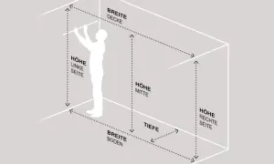 Illustration zeigt die Maße eines Raumes mit einer Person. Beschriftungen für Breite, Höhe und Tiefe. Ein schrank geringe tiefe passt hier gut.