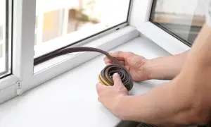 Hände halten eine Rolle Dichtungsband bereit, um ein Fenster abzudichten.