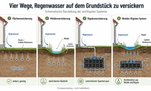 Schema zur Regenwasser Drainage verlegen: Flächen-, Mulden-, Rigolen- und Mulden-Rigolen-Systeme zur Versickerung.