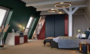 Stilvolle dachgeschoss schlafzimmer ideen: dunkle Wandfarbe, schräge Fenster, offener Kleiderschrank und moderne Beleuchtung schaffen Gemütlichkeit.