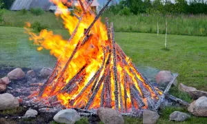 Ein großes, loderndes lagerfeuer im garten, umgeben von Steinen. Die Flammen tanzen hoch und erhellen die grüne Wiese.