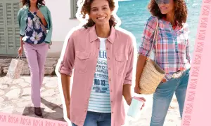 Drei Frauen zeigen Outfits, die zeigen, welche Farbe passt zu rosa: zartes Grün, Blumenmuster und karierte Bluse.