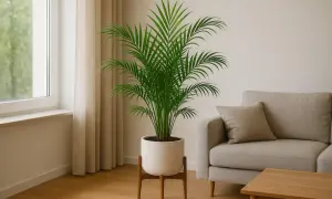 Grüne Bergpalme im Topf neben einem Fenster, idealer Standort für Zimmerpflanzen.