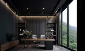 Elegantes, modernes kleines Arbeitszimmer einrichten mit dunklen Wänden, Holzschreibtisch, Ledersessel und großem Fenster mit Bergblick.
