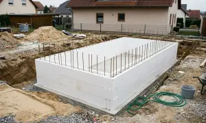 Baufortschritt beim **pool selbst bauen**: weiße Styroporsteine bilden die Basis für den neuen Pool, Bewehrungsstahl ragt empor.