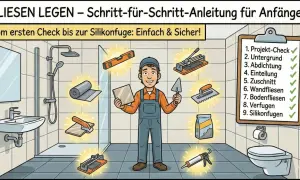 Anleitung zum Fliesen selber verlegen: Ein Mann mit Werkzeug in einem Badezimmer zeigt, wie man Schritt für Schritt Fliesen anbringt.