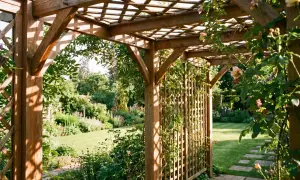 Holzpergola mit Rankgitter, die zum Garten führt. Eine Anleitung zum Pergola selber bauen wäre hier perfekt.