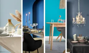 Vier Szenen zeigen, welche Farbe passt zu Blau: von sanftem Beige über leuchtendes Türkis bis zu dunklem Grau.