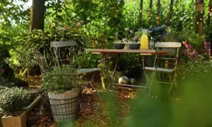 Gemütliche Gartenecke mit Tisch und Stühlen, umgeben von üppigem Grün. Rindenmulch bedeckt den Boden und bietet tolle Beet-Ideen für naturnahe Gestaltung.
