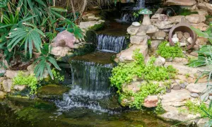 Ein kleiner Wasserfall plätschert in einen Teich, der mit Steinen und Pflanzen gestaltet ist. Eine Schildkrötenfigur wacht über das Wasser.