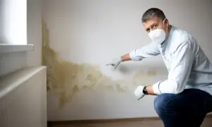 Mann mit Maske und Handschuhen zeigt auf deutlichen **Schimmel an der Wand**, der sich neben einem Heizkörper ausgebreitet hat.