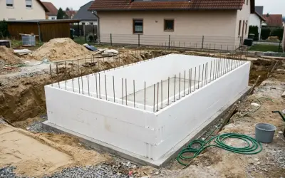 Baufortschritt beim **pool selbst bauen**: weiße Styroporsteine bilden die Basis für den neuen Pool, Bewehrungsstahl ragt empor.