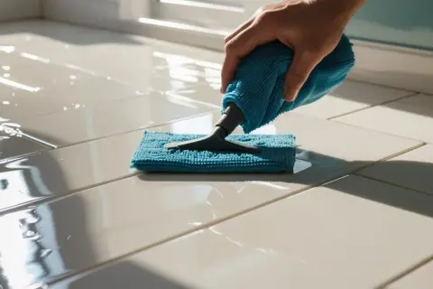 Hand wischt mit blauem Tuch über glänzenden, hellen Fliesenboden.