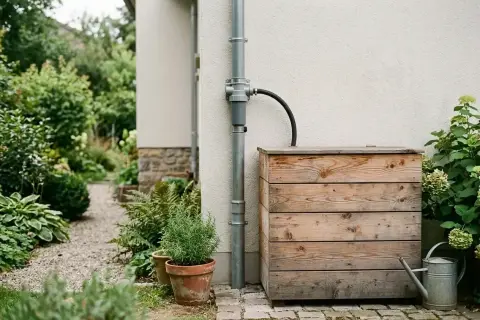 Holzfass sammelt Regenwasser für den Garten. Eine Gießkanne steht bereit.
