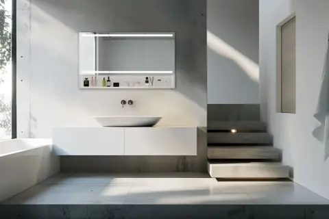 Modernes Badezimmer mit einem beleuchteten spiegel mit aufbewahrung, der Kosmetik und Pflegeprodukte beherbergt.