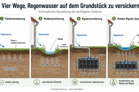 Schema zur Regenwasser Drainage verlegen: Flächen-, Mulden-, Rigolen- und Mulden-Rigolen-Systeme zur Versickerung.