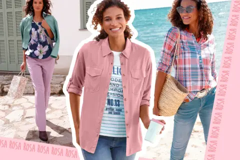 Drei Frauen zeigen Outfits, die zeigen, welche Farbe passt zu rosa: zartes Grün, Blumenmuster und karierte Bluse.