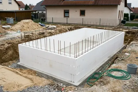 Baufortschritt beim **pool selbst bauen**: weiße Styroporsteine bilden die Basis für den neuen Pool, Bewehrungsstahl ragt empor.