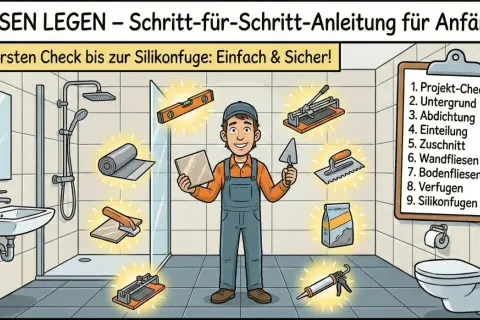 Anleitung zum Fliesen selber verlegen: Ein Mann mit Werkzeug in einem Badezimmer zeigt, wie man Schritt für Schritt Fliesen anbringt.