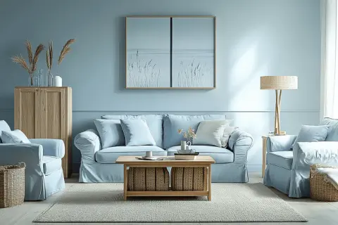 Ein hellblaues Wohnzimmer mit bequemen Sofas und Sesseln. Holzmöbel und Körbe ergänzen die Szene und zeigen, welche Farbe passt zu hellblau: natürliche Töne.