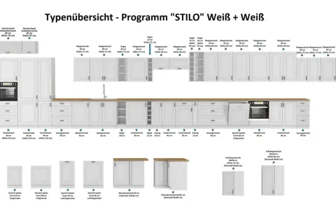 Eine Küchenzeile mit vielen weißen Schränken. Ein Hochschrank weiß mit integrierten Geräten und darüber Hängeschränke.
