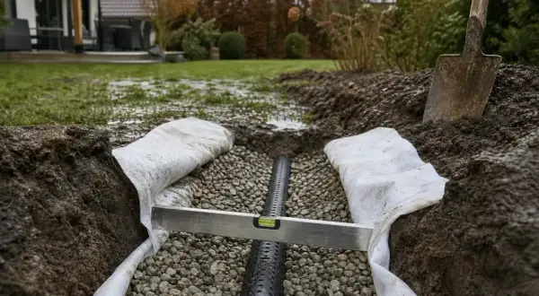 Drainage verlegen: Ein Drainagerohr liegt in Kiesbett, umgeben von Vlies. Eine Wasserwaage prüft den korrekten Einbau.