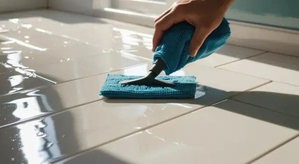 Hand wischt mit blauem Tuch über glänzenden, hellen Fliesenboden.
