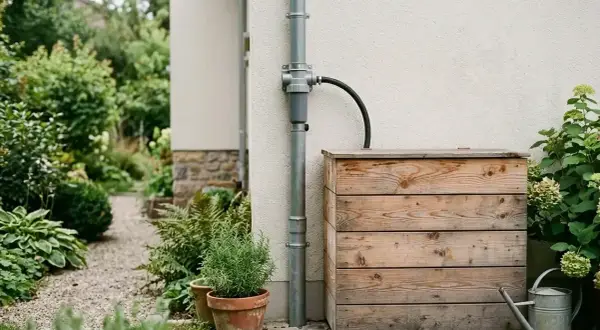 Holzfass sammelt Regenwasser für den Garten. Eine Gießkanne steht bereit.