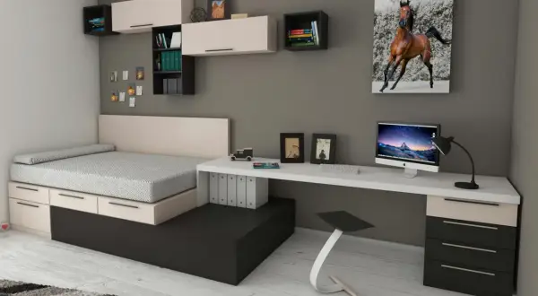 Modernes studentenzimmer einrichten: Bett mit Stauraum, Schreibtisch mit PC und ein Bild eines galoppierenden Pferdes.
