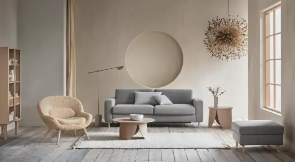 Gemütliches Wohnzimmer: Ein graues Sofa und ein flauschiger Sessel laden zum Entspannen ein. Perfekt, um Sofa und Sessel zu kombinieren.