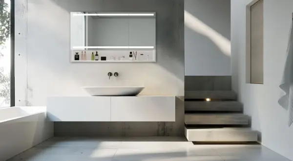Modernes Badezimmer mit einem beleuchteten spiegel mit aufbewahrung, der Kosmetik und Pflegeprodukte beherbergt.