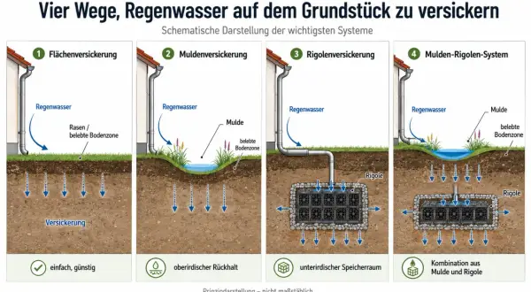 Schema zur Regenwasser Drainage verlegen: Flächen-, Mulden-, Rigolen- und Mulden-Rigolen-Systeme zur Versickerung.