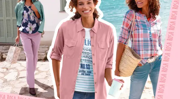 Drei Frauen zeigen Outfits, die zeigen, welche Farbe passt zu rosa: zartes Grün, Blumenmuster und karierte Bluse.