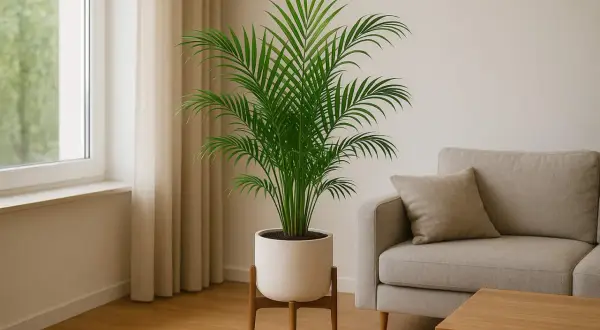 Grüne Bergpalme im Topf neben einem Fenster, idealer Standort für Zimmerpflanzen.