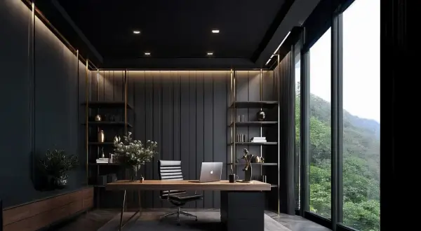 Elegantes, modernes kleines Arbeitszimmer einrichten mit dunklen Wänden, Holzschreibtisch, Ledersessel und großem Fenster mit Bergblick.