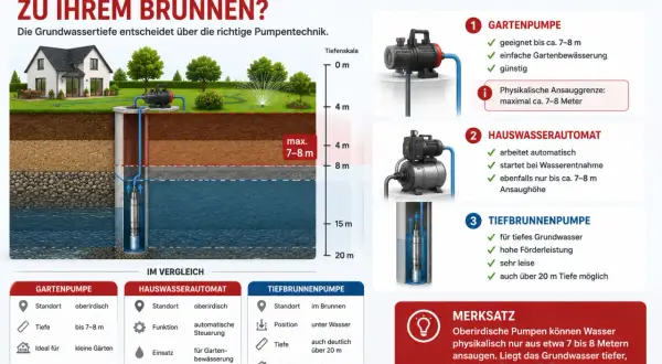 Illustration zeigt verschiedene Pumpen für den **Brunnen Garten selber bauen**. Eine Tiefbrunnenpumpe ist für tiefes Grundwasser nötig.