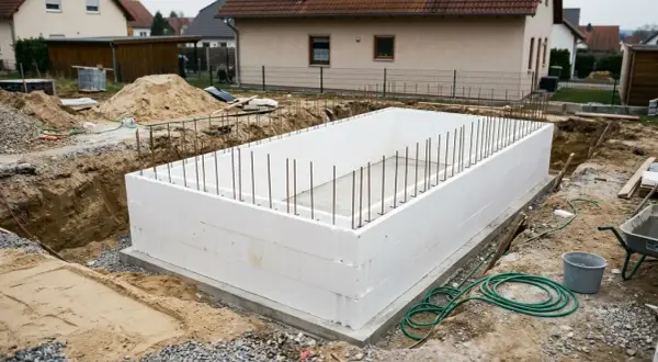 Baufortschritt beim **pool selbst bauen**: weiße Styroporsteine bilden die Basis für den neuen Pool, Bewehrungsstahl ragt empor.