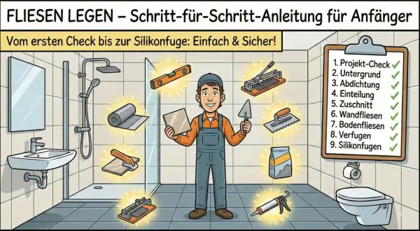Anleitung zum Fliesen selber verlegen: Ein Mann mit Werkzeug in einem Badezimmer zeigt, wie man Schritt für Schritt Fliesen anbringt.