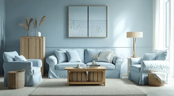 Ein hellblaues Wohnzimmer mit bequemen Sofas und Sesseln. Holzmöbel und Körbe ergänzen die Szene und zeigen, welche Farbe passt zu hellblau: natürliche Töne.