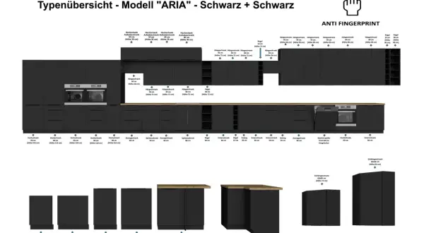 Schwarzer Hochschrank mit integrierten Öfen und vielen weiteren Küchenschränken in verschiedenen Größen und Ausführungen.