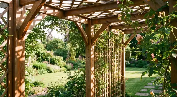 Holzpergola mit Rankgitter, die zum Garten führt. Eine Anleitung zum Pergola selber bauen wäre hier perfekt.