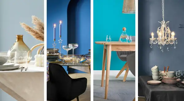 Vier Szenen zeigen, welche Farbe passt zu Blau: von sanftem Beige über leuchtendes Türkis bis zu dunklem Grau.