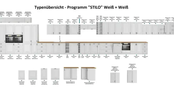 Eine Küchenzeile mit vielen weißen Schränken. Ein Hochschrank weiß mit integrierten Geräten und darüber Hängeschränke.