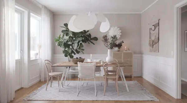 Helles, skandinavisches wohn esszimmer mit Holztisch, Stühlen, großer Zimmerpflanze und einem Rattan-Schrank.